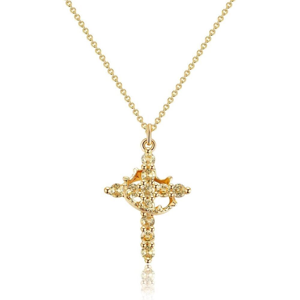 Women M11 Citrine Yellow, Nov 14K Gold Plated Crown Cross Necklace - Non-Tarnish
